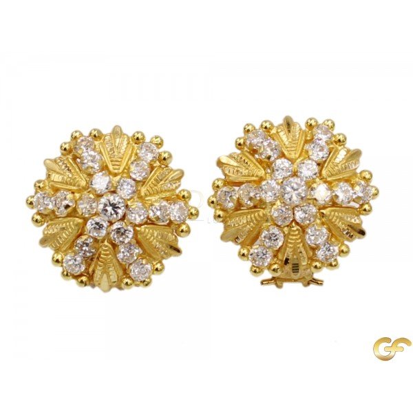 Large Floral Clip Earrings with White CZ Stones