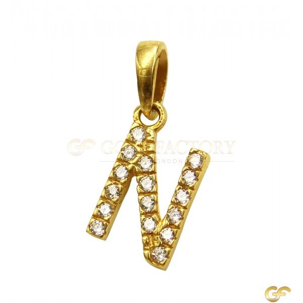 Minimalist CZ 'N' Initial 22ct Yellow Gold Pendant