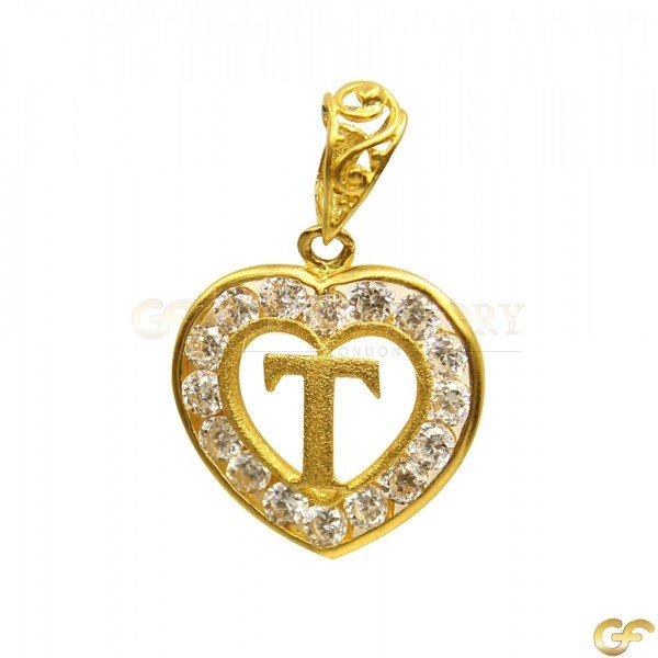 Heart Shaped CZ Border 'T' Initial Pendant