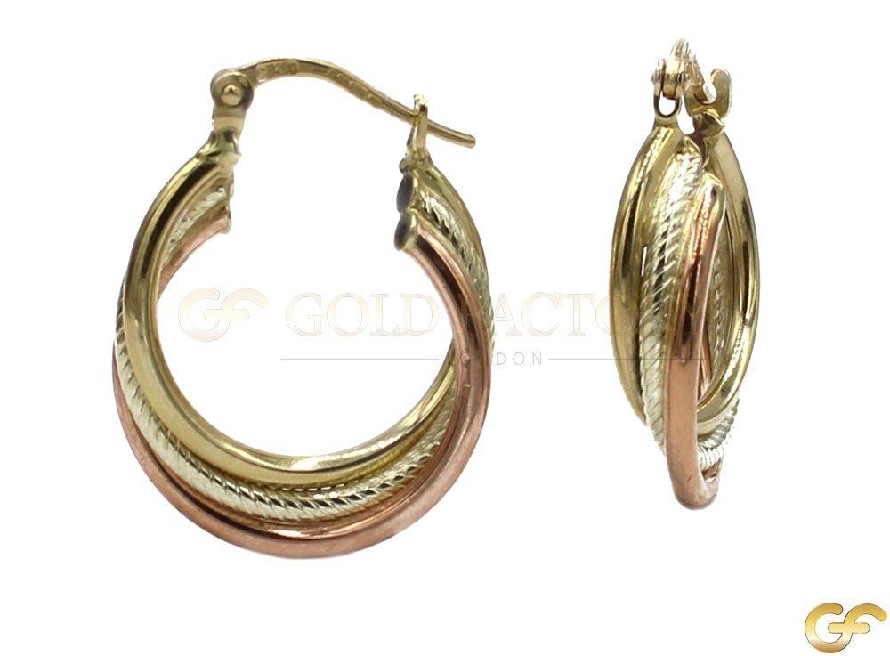 9ct Gold 3 Tone Hoop Earrings