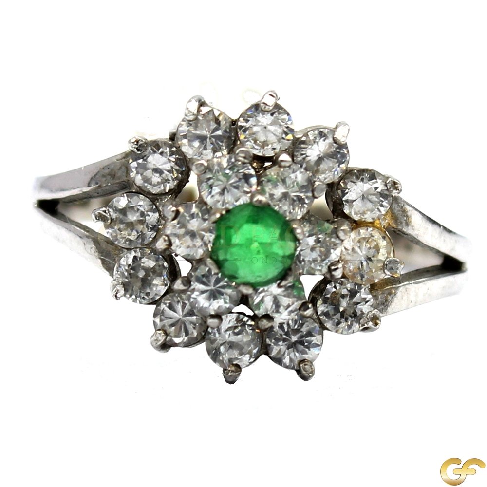 White Gold Ladies Ring with White and Green Cubic Zirconia