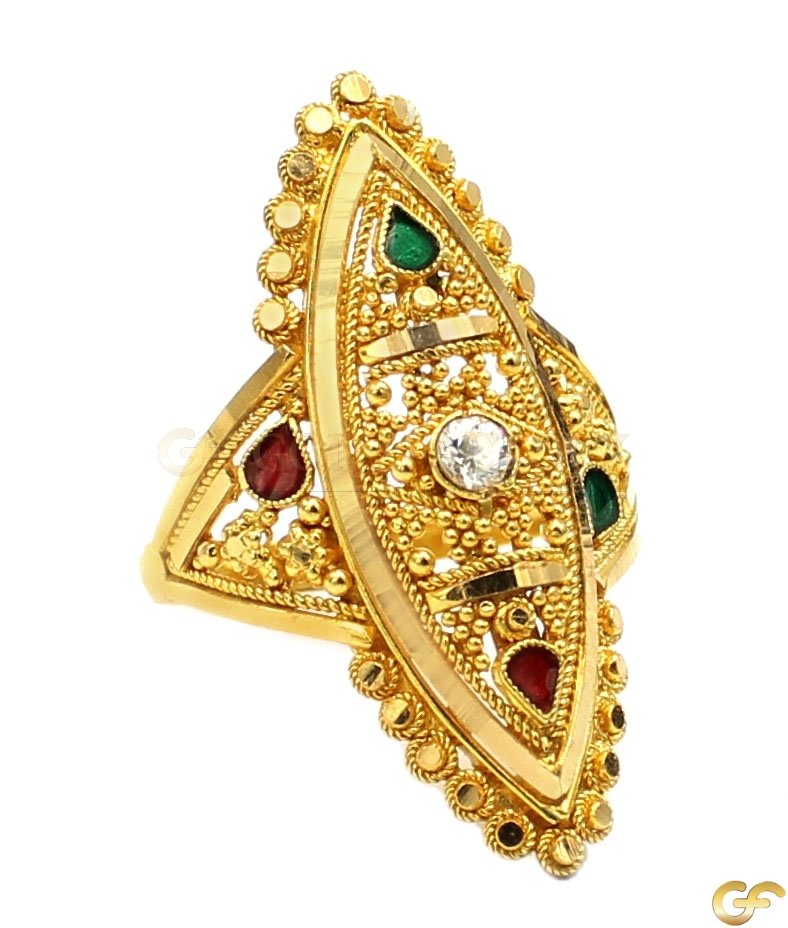Marquise Shape Ladies Ring with Red and Green Enamel
