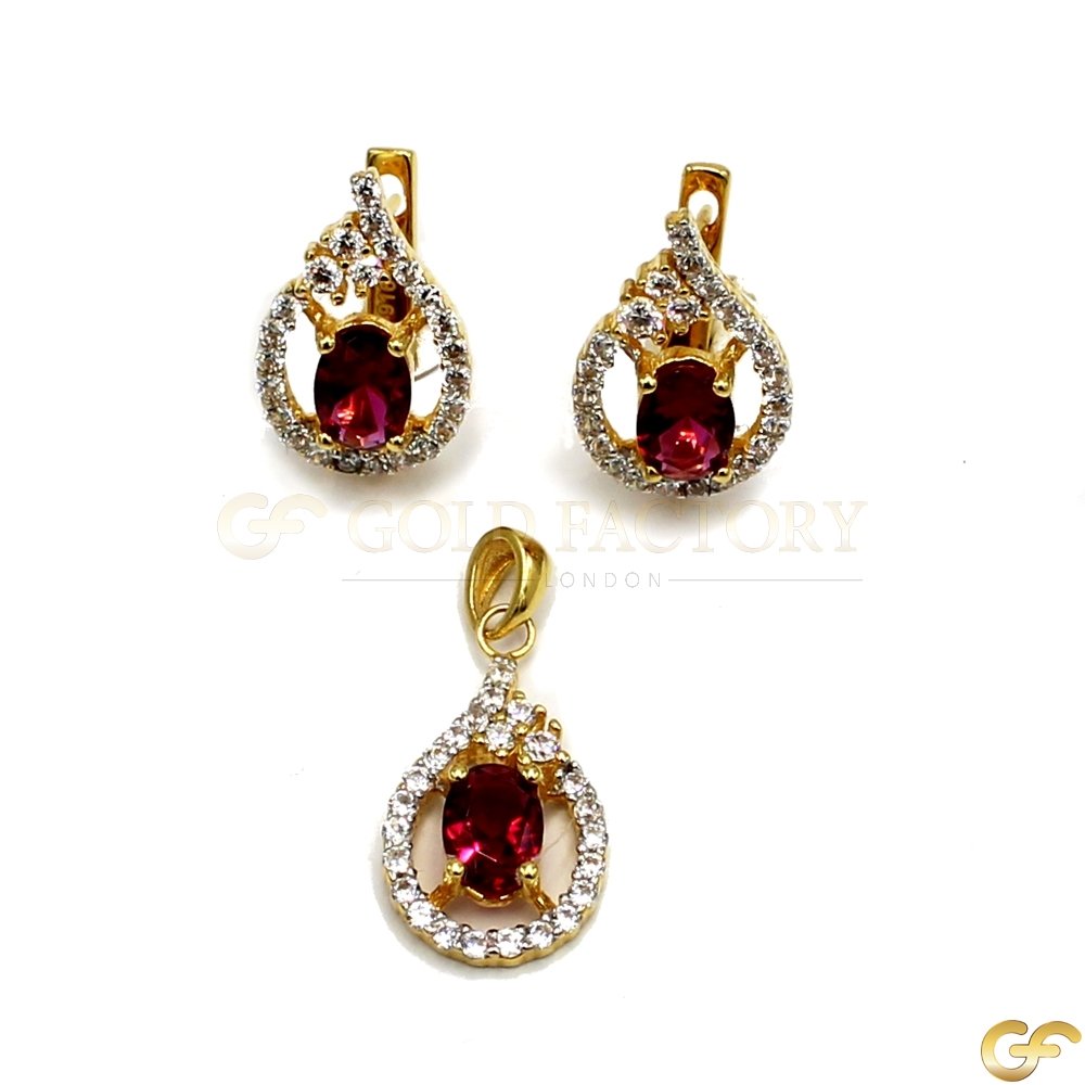 Alluring Pendant Set with Dark Pink Oval Cut Stones