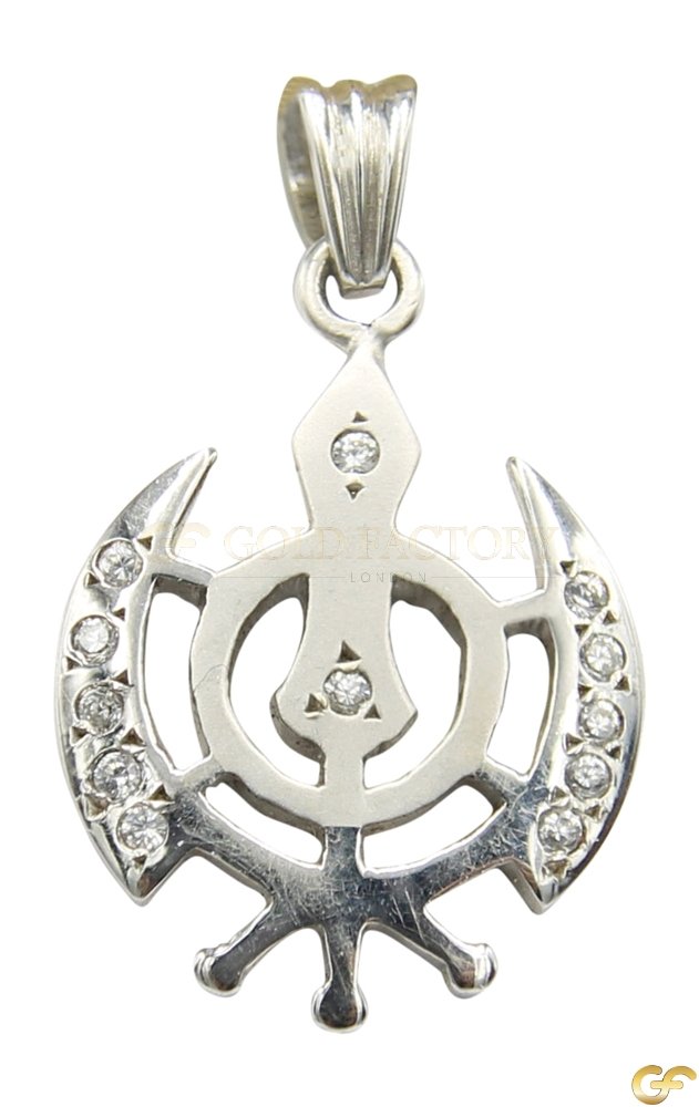 18ct White Gold Khanda Pendant with Dual Finishing and CZ Stones